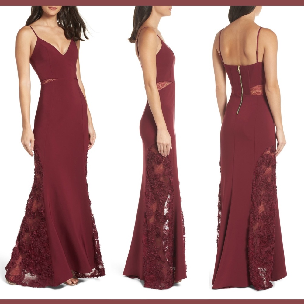 NEW $438 Maria Blanca Nero Shannon Lace Inset Gown in Burgundy [SZ 0 ]‎